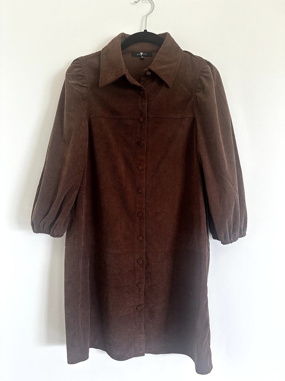 7 For All Mankind Brown Corduroy Button Front Mini Dress Puff Sleeve Size XS